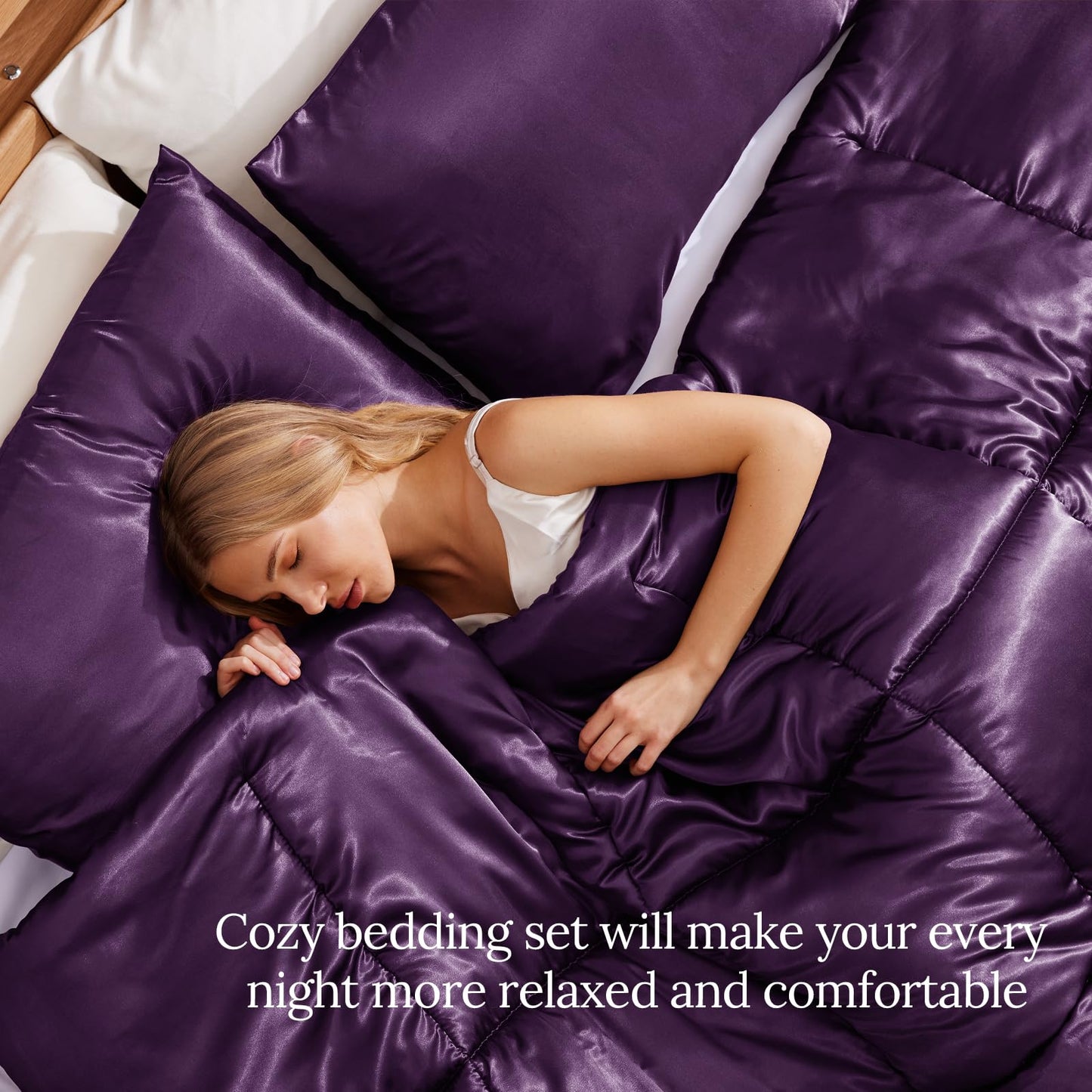 Whale Flotilla 3-Piece Reversible Silky Soft Queen Comforter Bedding Set, Luxurious Satin Comforters Full Size with 2 Satin Pillowcases, Lightweight Duvet for All Seasons, Purple