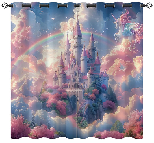 XINBADU Princess Castle Blackout Curtains for Girls Boy Home Decor, Colorful Fairy Tale World Rainbow Grommet Thermal Insulated Drapes Darkening Window Curtain for Bedroom Living Room, 42 x 45 Inch
