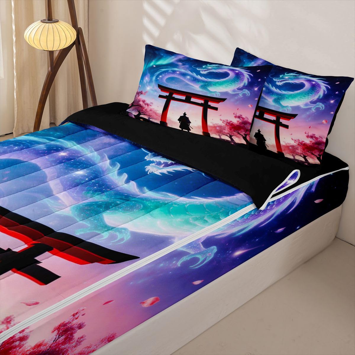 jejeloiu Dragon Twin Zipper Bedding Set Japanese Style Samurai Kids Comforter Set with Fitted Sheet and 2 Pillowcases Outer Space Galaxy Bed in a Bag Romantic Exotic Zip Up Bedding Soft Microfiber