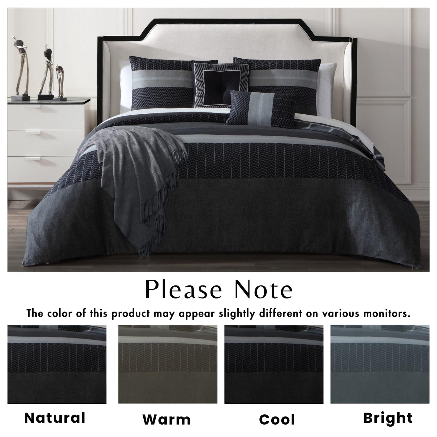 Bebejan Kyle 100% Cotton 5 Piece Comforter Set, Polyfill, Black, Gray Herringbone Tweed Printed Pattern, Reversible, 1 Comforter, 2 Shams, 2 Pillows (King/Cal King)