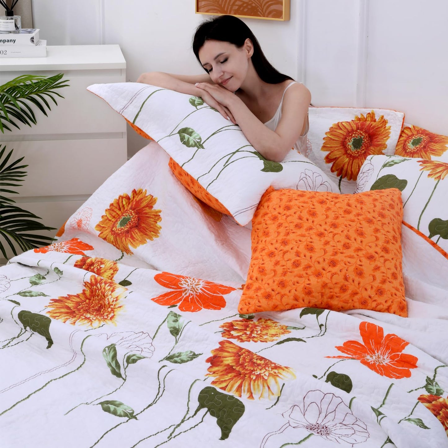 EVENHUG 100% Cotton Quilt Queen Size Orange Sunflower Bedding Set Floral Lightweight Full Quilt Reversible Coverlet Bedspread with 2 Pillow Shams All Seasons 3 Pieces (92"x96")