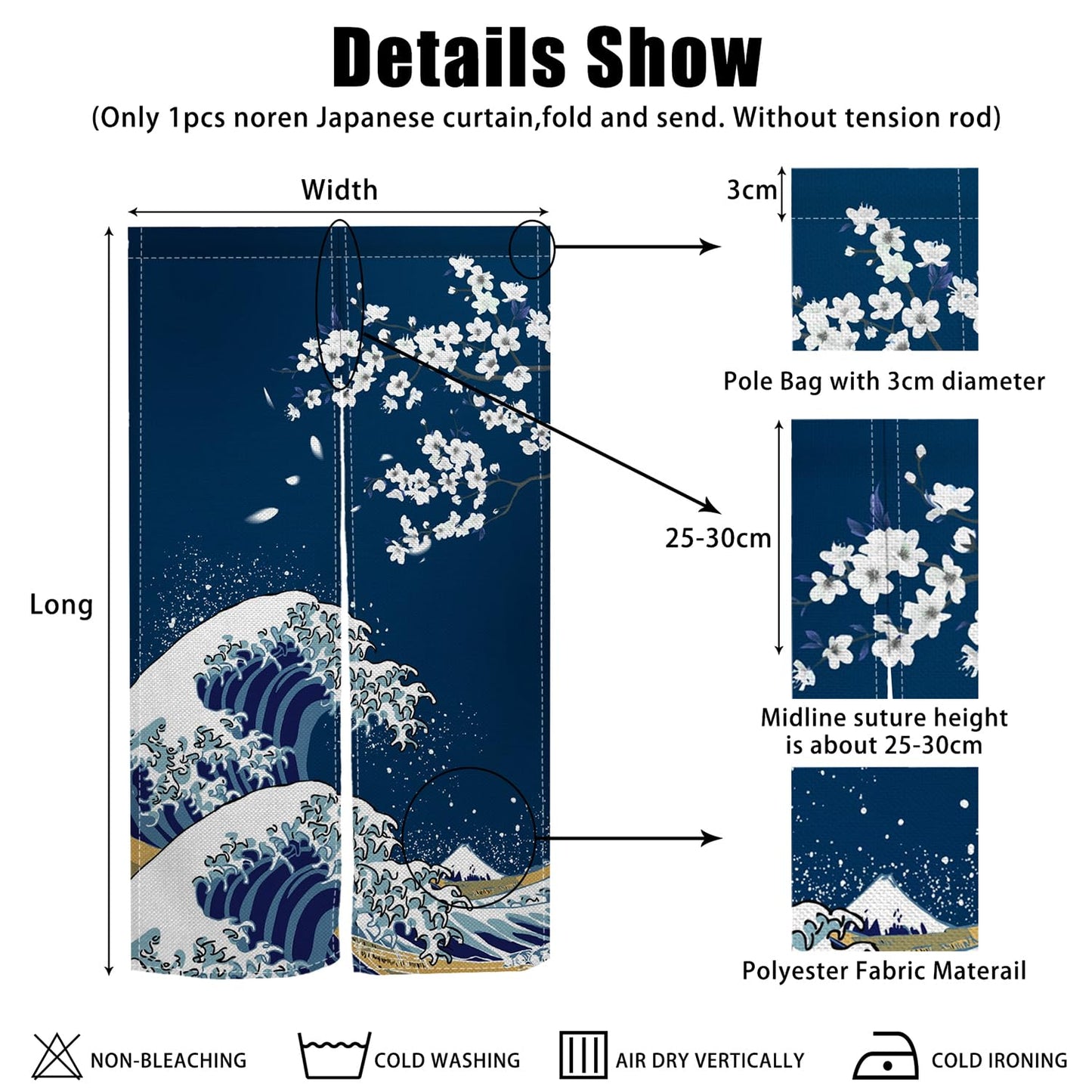 Leowefowa Japanese Noren Doorway Curtain Long Style Japanese Waves Cherry Blossom Printed Fengshui Window Treatment Door Curtain Tapestry for Room Privacy Divider Home Kitchen Decor, 33.5"x 70.9"
