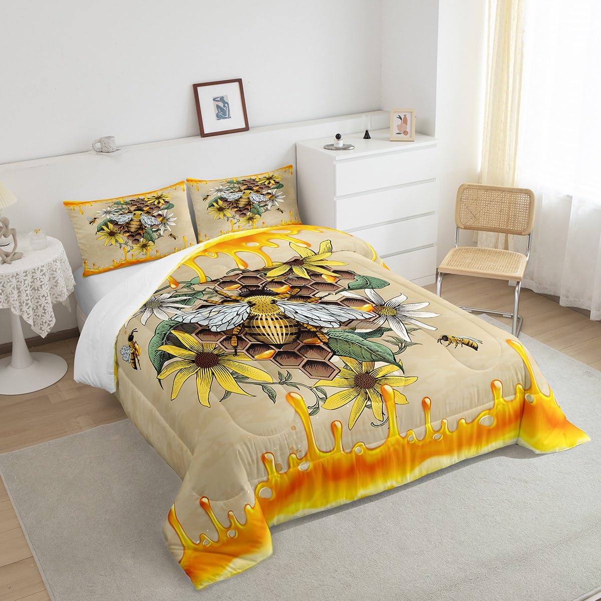 Homewish 3D Bee Pattern Comforter Set,Geometric Honeycomb Bedding Set for Kids Girls Women,Adults Daisy Comforter,Yellow White Quilted Duvet Set Bedroom Collection Twin Size 2Pcs