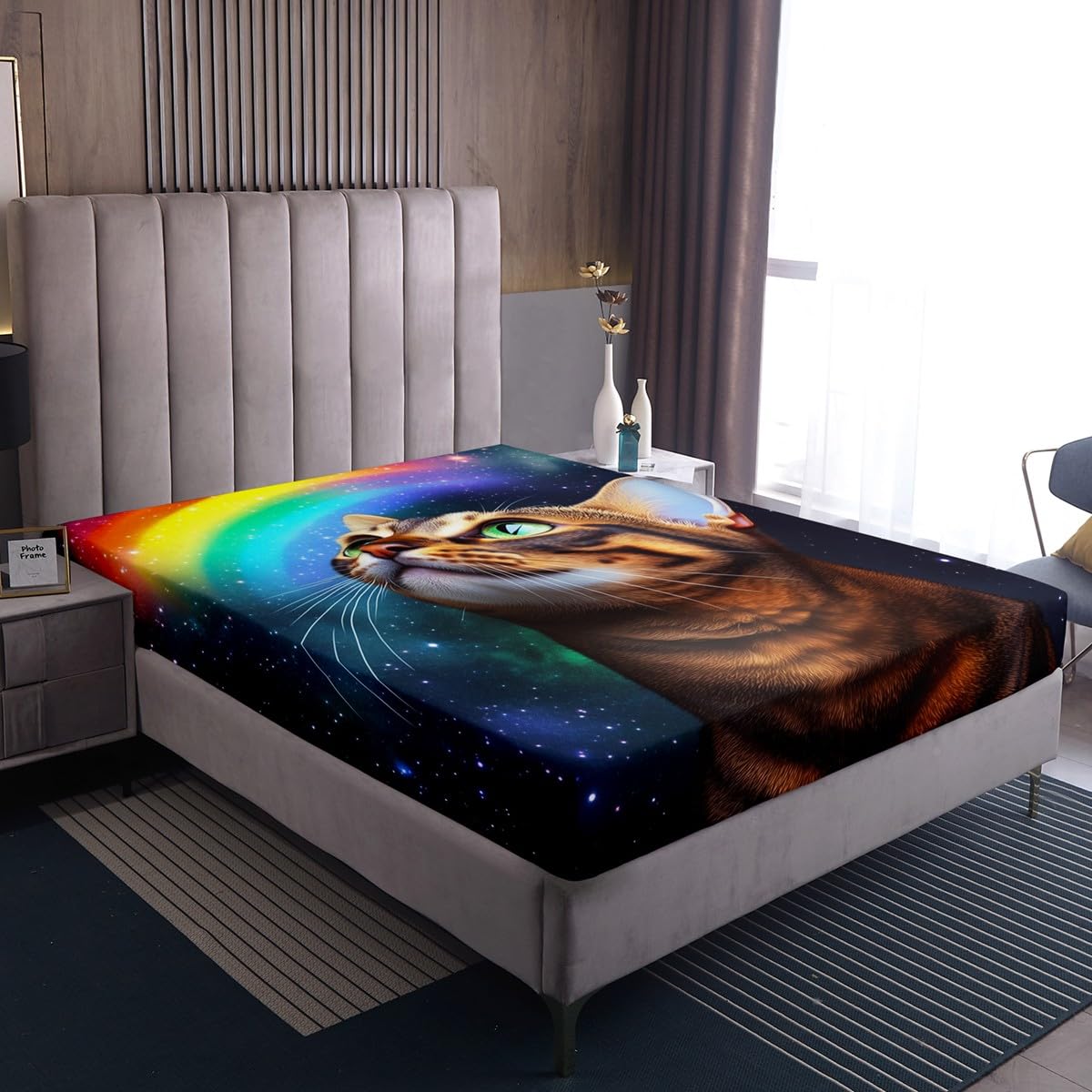 Erosebridal Galaxy Cat Fitted Sheet Twin Size, Rainbow Cat Bedding Set for Kids Children Girls Boys, Animal Themed Bed Cover, Fashion Starry Sky Decoration 2 Pcs Bedding Decor Set with 1 Pillowcase