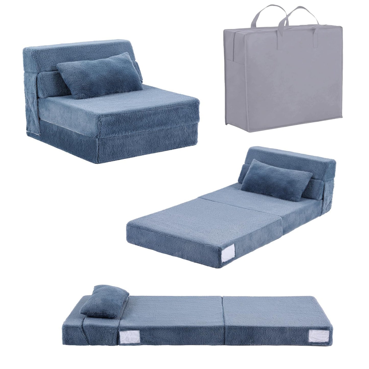 Tiita Convertible Folding Kids Sofa Bed with Pillow & Storage Bag, Plush Fabric Floor Mattress Couch Bed, Washable Cover, Kids Room, Playroom, Dorm, Apartment, Blue Grey