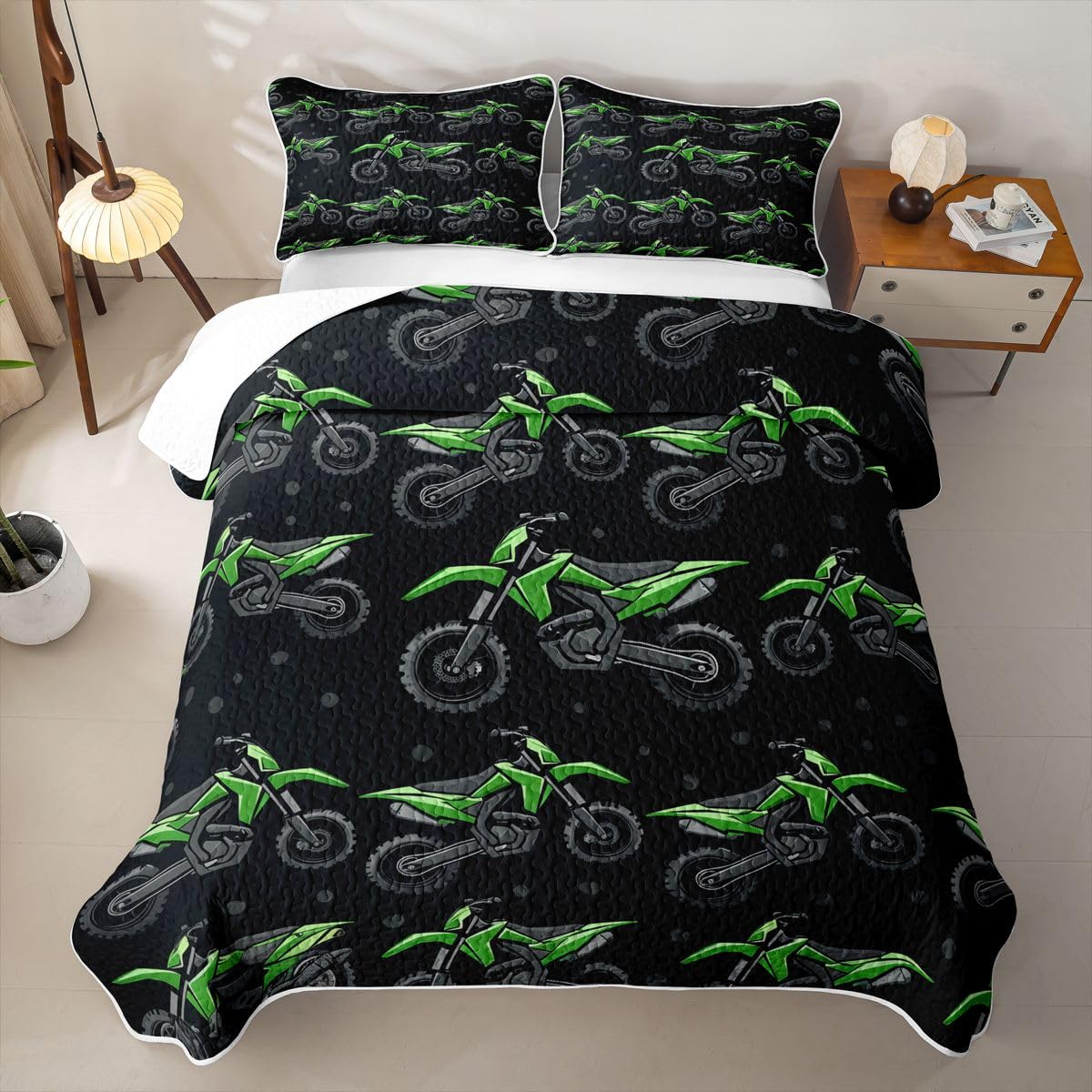 Erosebridal Green Motocross Quilt Set Dirt Bike Quilt Twin for Kids Boys Teens Men Racing Motocross Coverlet Cool Motorcycle Black Quilted Bedspread Bedroom Decor
