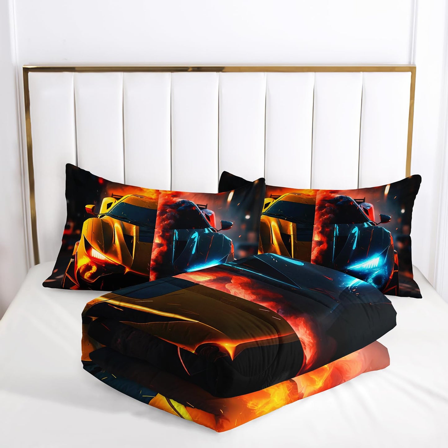 lneffble Boys Comforter Set Twin Size Race Car，Kids Twin Size Blue and Red Race Car Bedding Set，Race Car Quilt Twin with 1 Comforter with 2 Pillow Case，Kids Race Car Themed Bedroom Decor for Boys