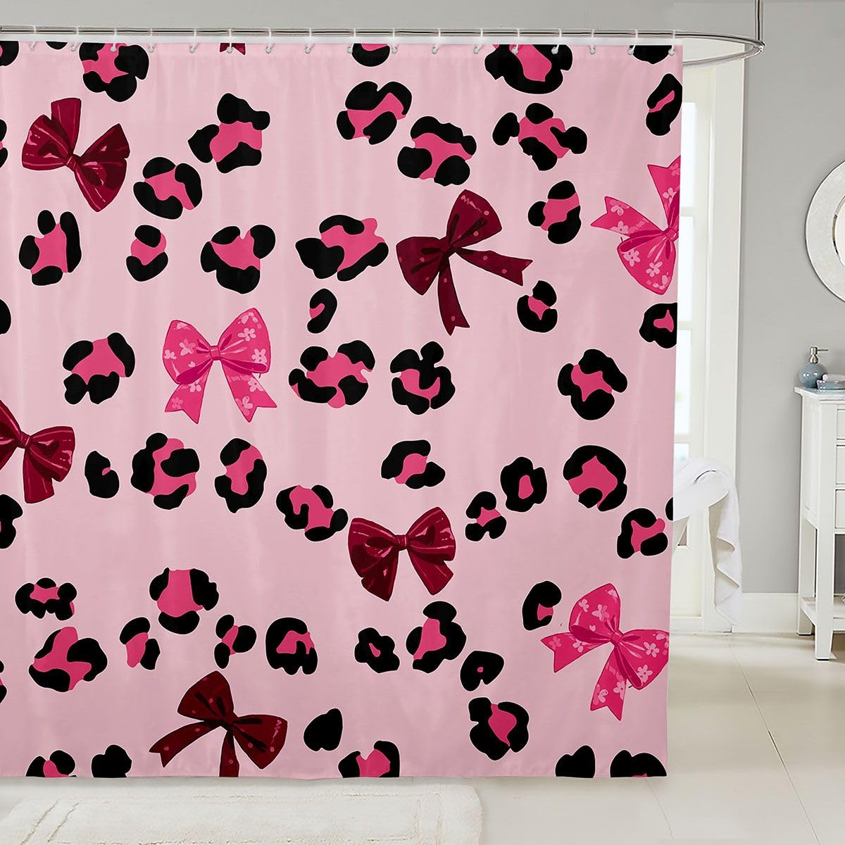 jejeloiu Dark Pink Bow Shower Curtain for Bathroom Decor Cute Bowknot Bath Curtain Leopard Cheetah Print Bathroom Accessories Waterproof Polyester Fabric for Stalls Bathtubs 72"x72"