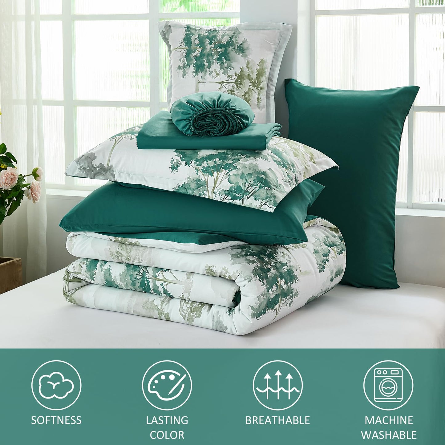 Dinjoy Queen Comforter Set, 7 Piece Comforter Set Queen, White Queen Size Bed Sets, Queen Sheet Set with Comforter, Flower Bedding Sets with Comforter, Fitted & Flat Sheets, Pillowcases & Pillow Shams