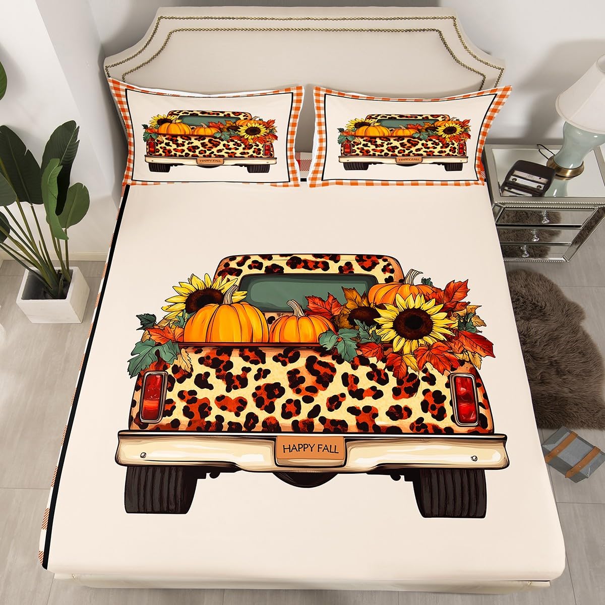 Fall Pumpkin Truck Bed Sheets Queen Orange Rustic Farmhouse Buffalo Plaid Sheet Set Thanksgiving Harvest Bedding Set,Autumn Sunflower Maple Leaves Decor Fitted Sheet + Flat Sheet + 2 Pillow Cases