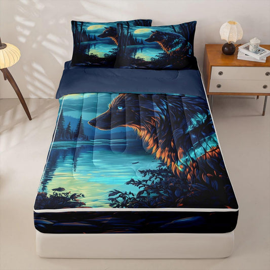 jejeloiu Wolf Moon Zipper Bedding for Kids Wolf Night Moon Twin Comforter Set with Fitted Sheet 2 Pillowcases Wildlife Bed in a Bag Soft Lightweight Microfiber
