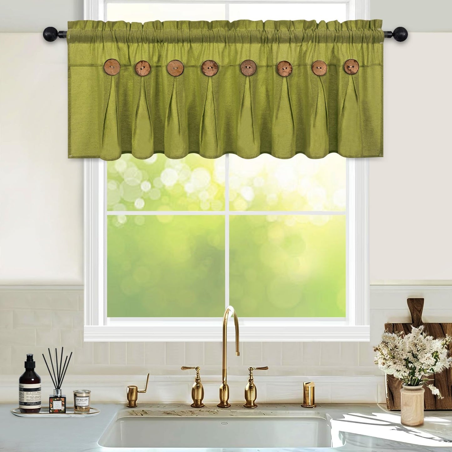 FRAMICS Farmhouse Valance Curtains, Boho Cotton Linen Kitchen Valance, Fresh Green Rustic Button Window Valances for Kitchen Bathroom, Rod Pocket Valances for Windows, Fresh Green, 52 x 18 Inch