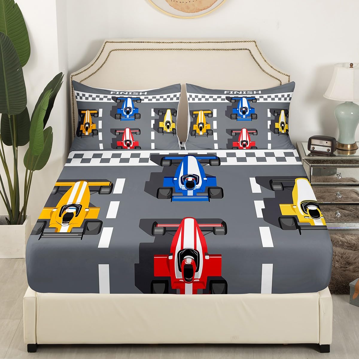 Boys Race Car Bedding Sets Formula Car Racer Fitted Sheet Extreme Speed Sports Games Bed Cover for Kids Car Theme Bedroom Decor Formula Racing Car Sheet Set with 1 Pillow Case Twin No Top Flat Sheet