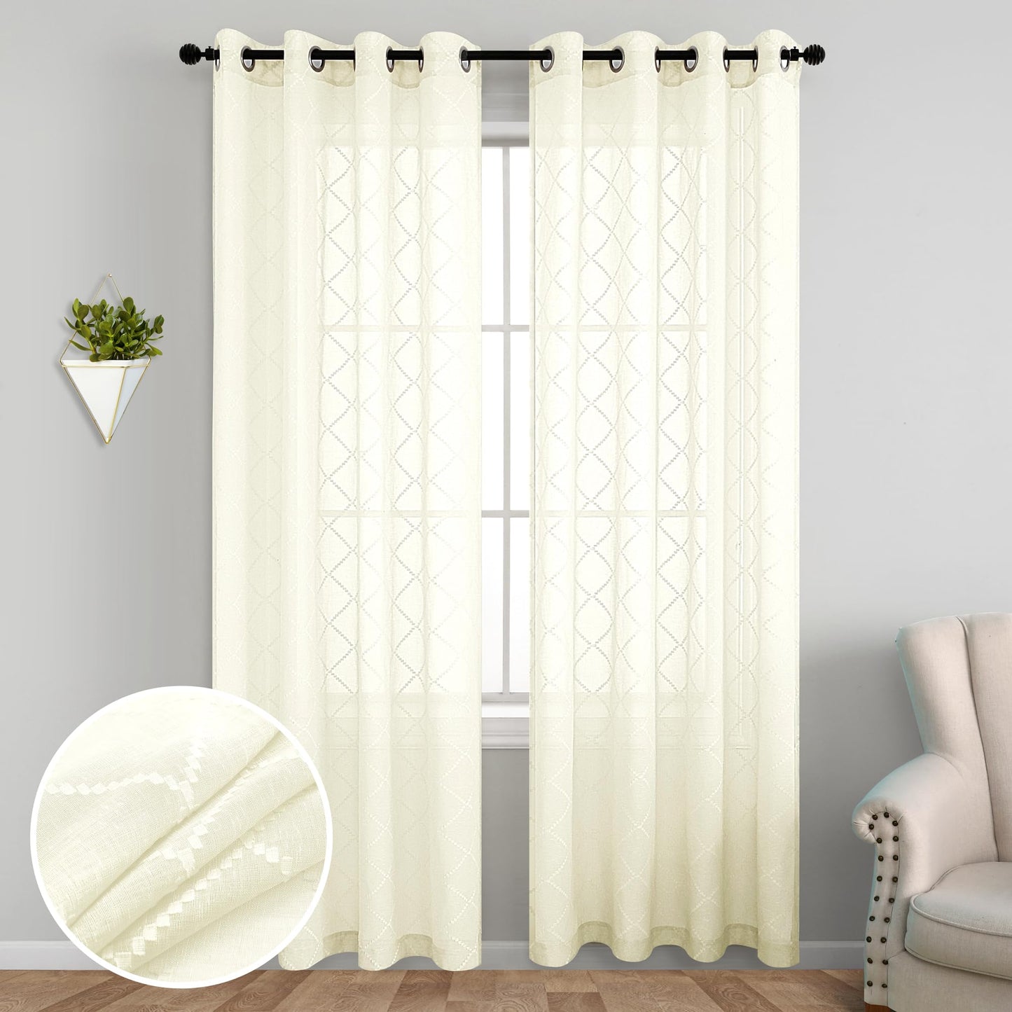 KOUFALL Cream Curtains with Pattern,Embroidered Lace Sheer Patterned Curtains for Living Room,84 Inches Long,Light Beige Ivory Off White
