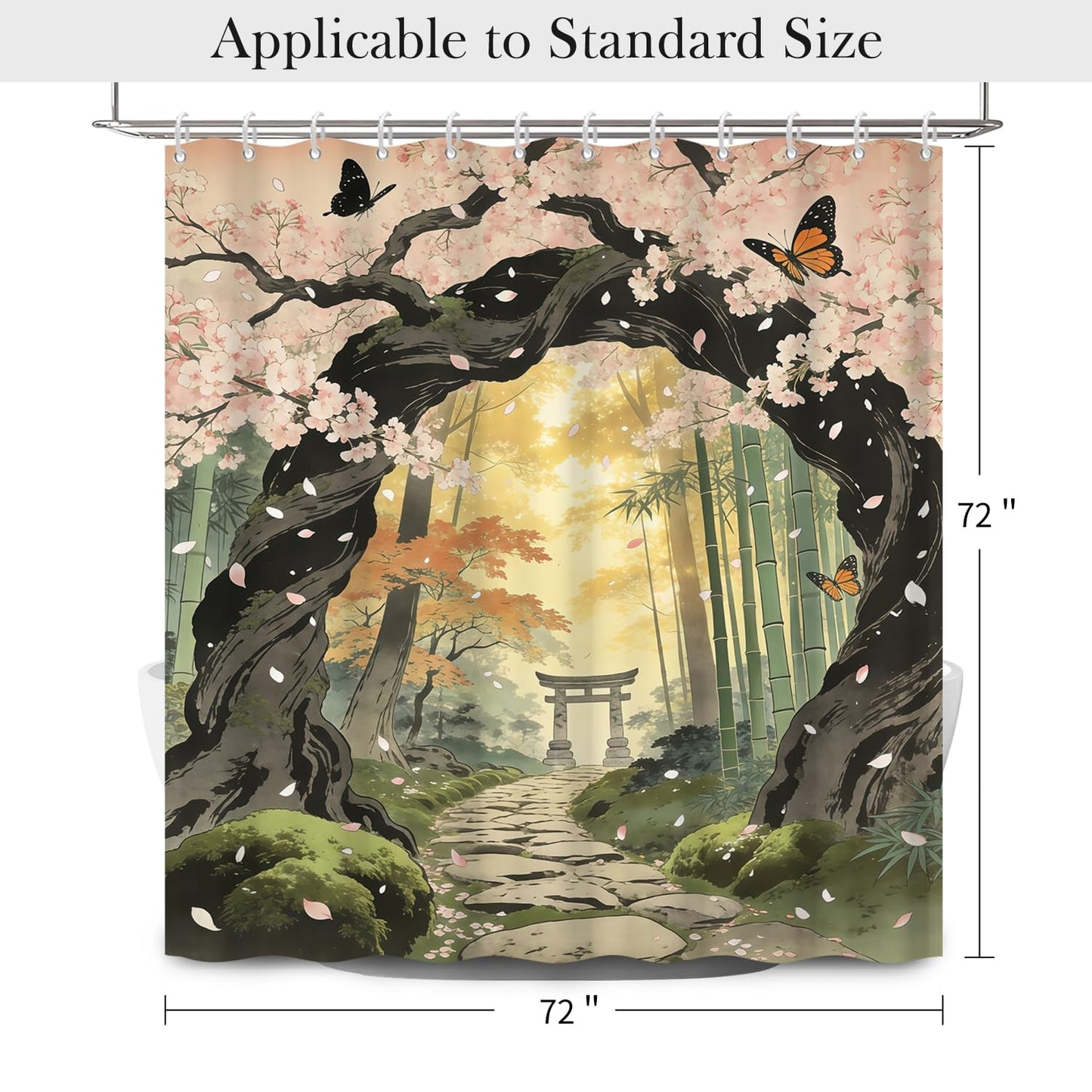 NAEMBCU Japanese Garden Shower Curtain with Hooks - 72x72 Inch Waterproof Fabric Bathroom Curtain with Cherry Blossom, Bamboo Forest and Zen Path Design, Fantasy Nature Bath Curtain Decor