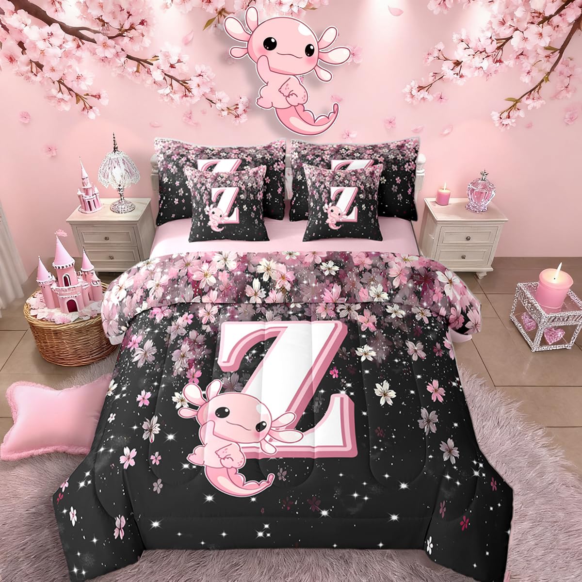 Erosebridal Twin Size Cute Axolotl Bed in A Bag 7 Pieces for Kids Girls Teens | Initial Letter Z Comforter Set with Sheets Japanese Cherry Blossom Bedding Set with Flat Fitted Sheets (Pink and White)