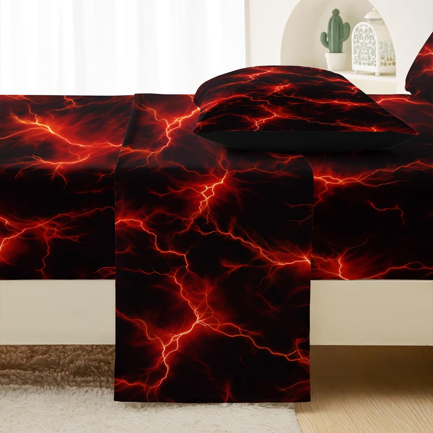 QOOMO Red Lightning Fitted Sheet Set Full Size,Modern Neon Glowing Bedding Set for Kids Boys Girls Teens,Comfy Breathable Cooling Sheet Sets,1 Fitted Sheet, 1 Flat Sheet, 2 Pillow Cases
