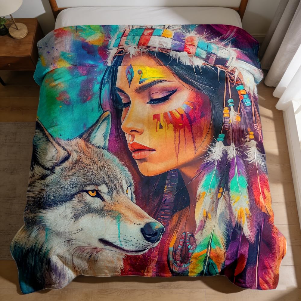 ZHOUSHUTONG Native American Throw Blanket Indian Tribal Chief Print Super Soft Warm Cozy Flannel Blanket for Couch Bedroom Office Southwest Cultural Home Decor Gift 49"x59"