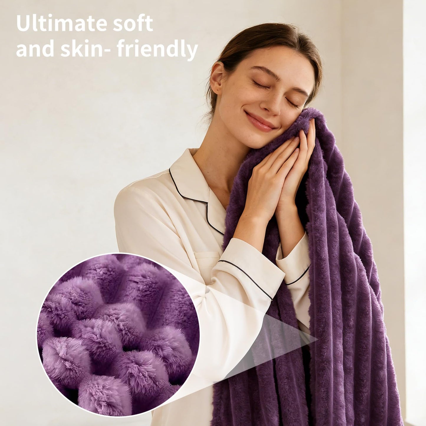 SS-Sunrise Fleece Throw Blanket for Bed 80"x90", Fluffy 3D Ribbed Jacquard Coral Purple Flannel Blanket 330gsm, Soft Plush Blanket for Home Decor