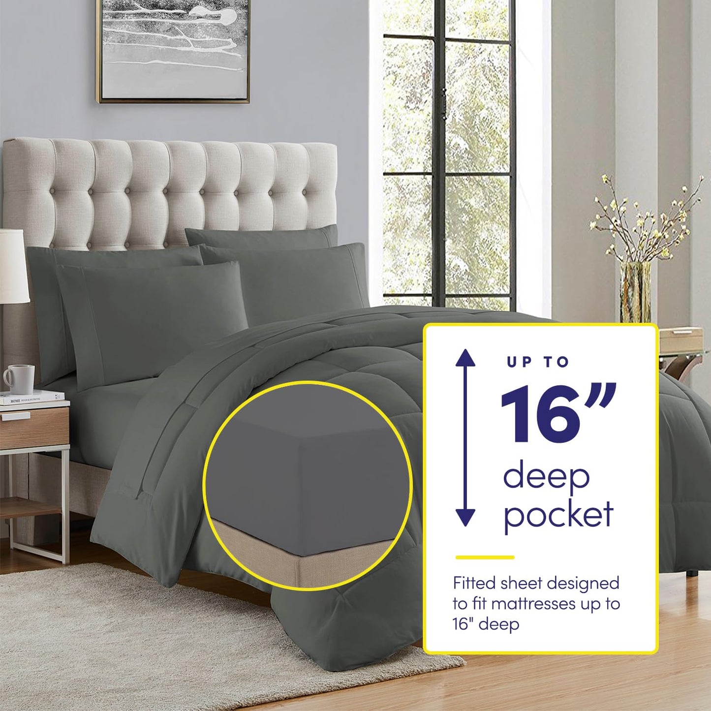 Sweet Home Collection RV Short Queen Comforter Set for RV Camper - Comforter Set with Fitted & Flat Sheet, 4 Pillowcases - Tailored for RV Short Queen Beds - Cozy Essentials for Your RV Bedroom, Gray