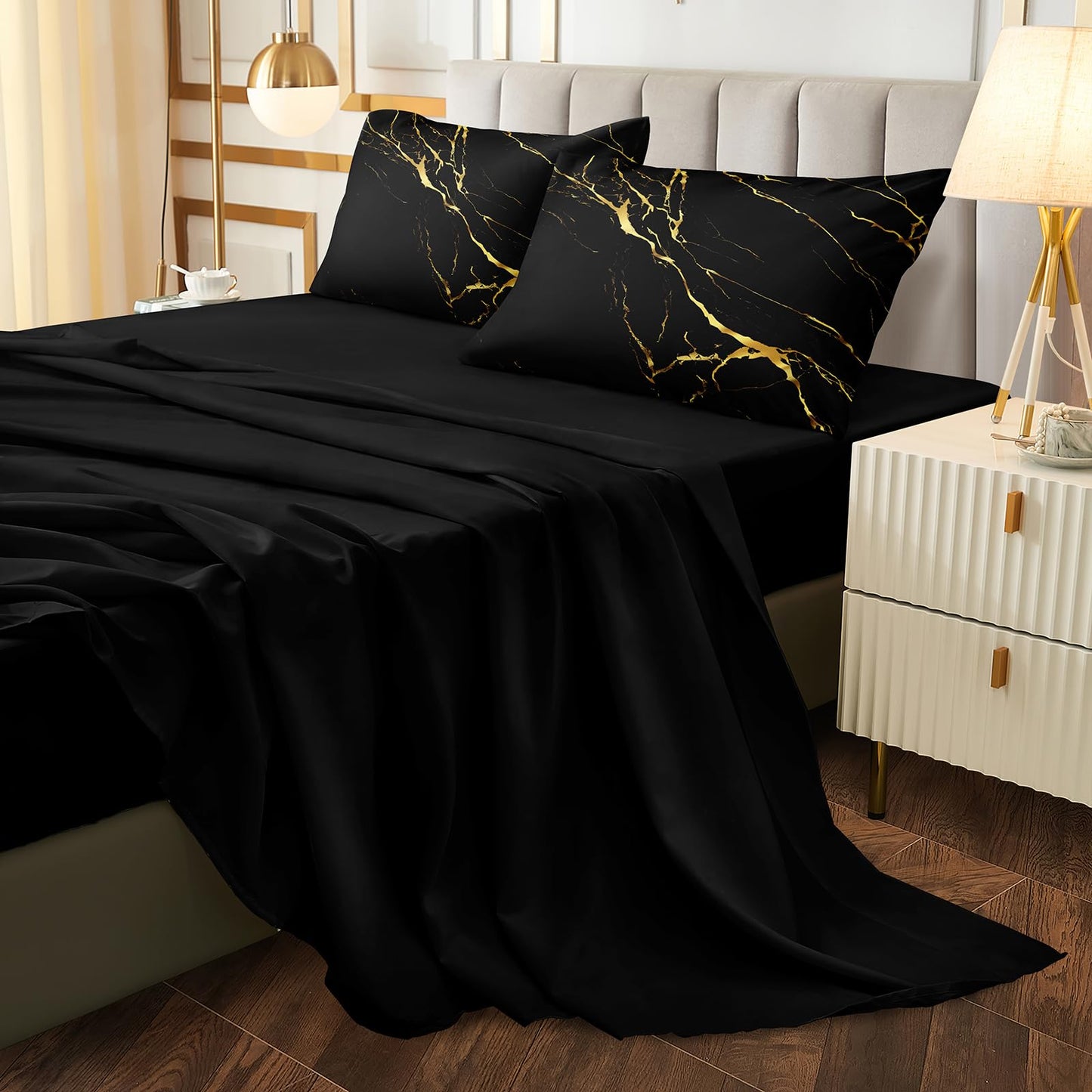 Merryword 8 Pcs Bed in a Bag Black Marble Comforter Set Full Size Gold Metallic Bedding Set