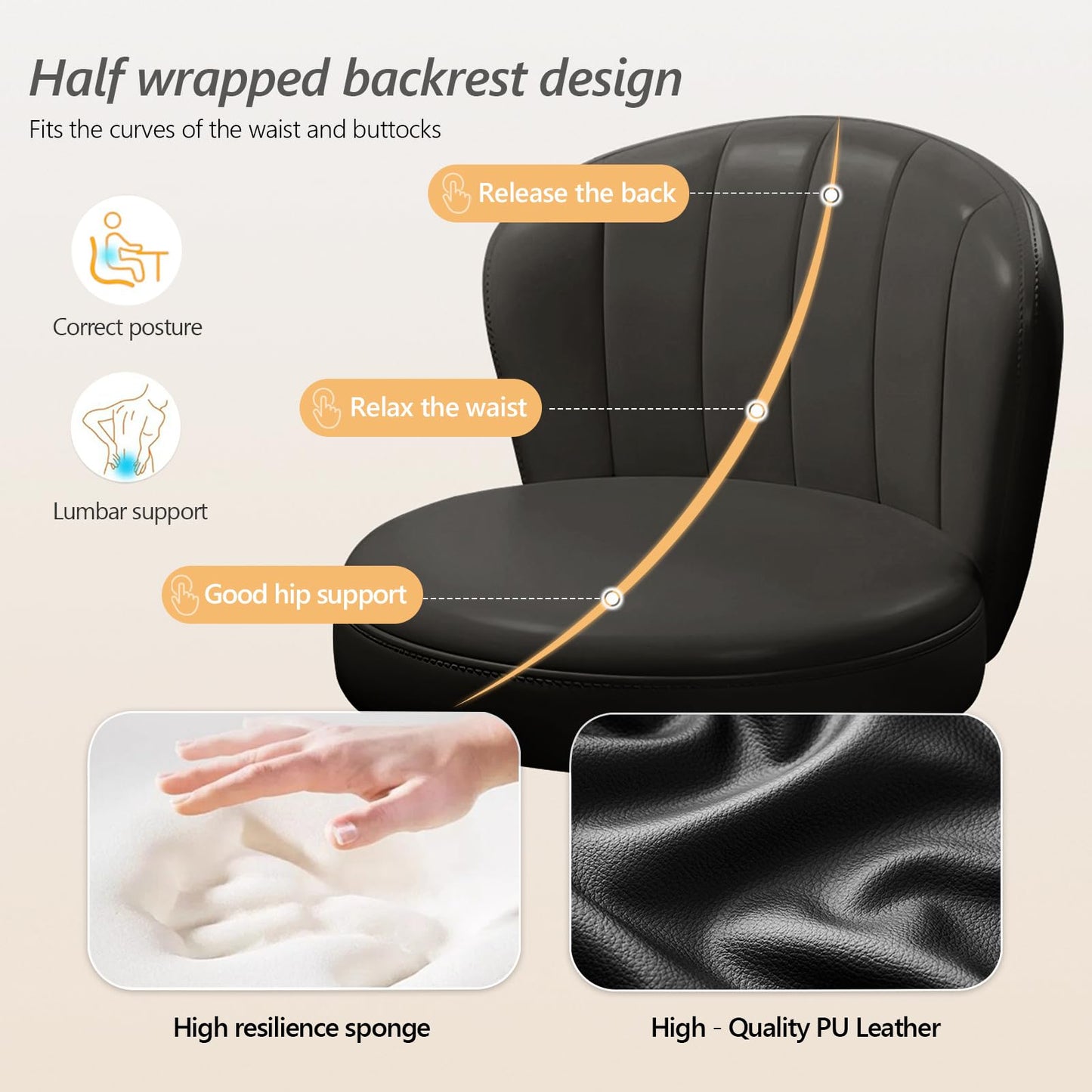 XUEGW Small Scallop Desk Chair with Back, Cute Armless Rolling Vanity Chair with PU Leather, Comfy Office Task Computer Chairs Height Adjustable for Bedroom