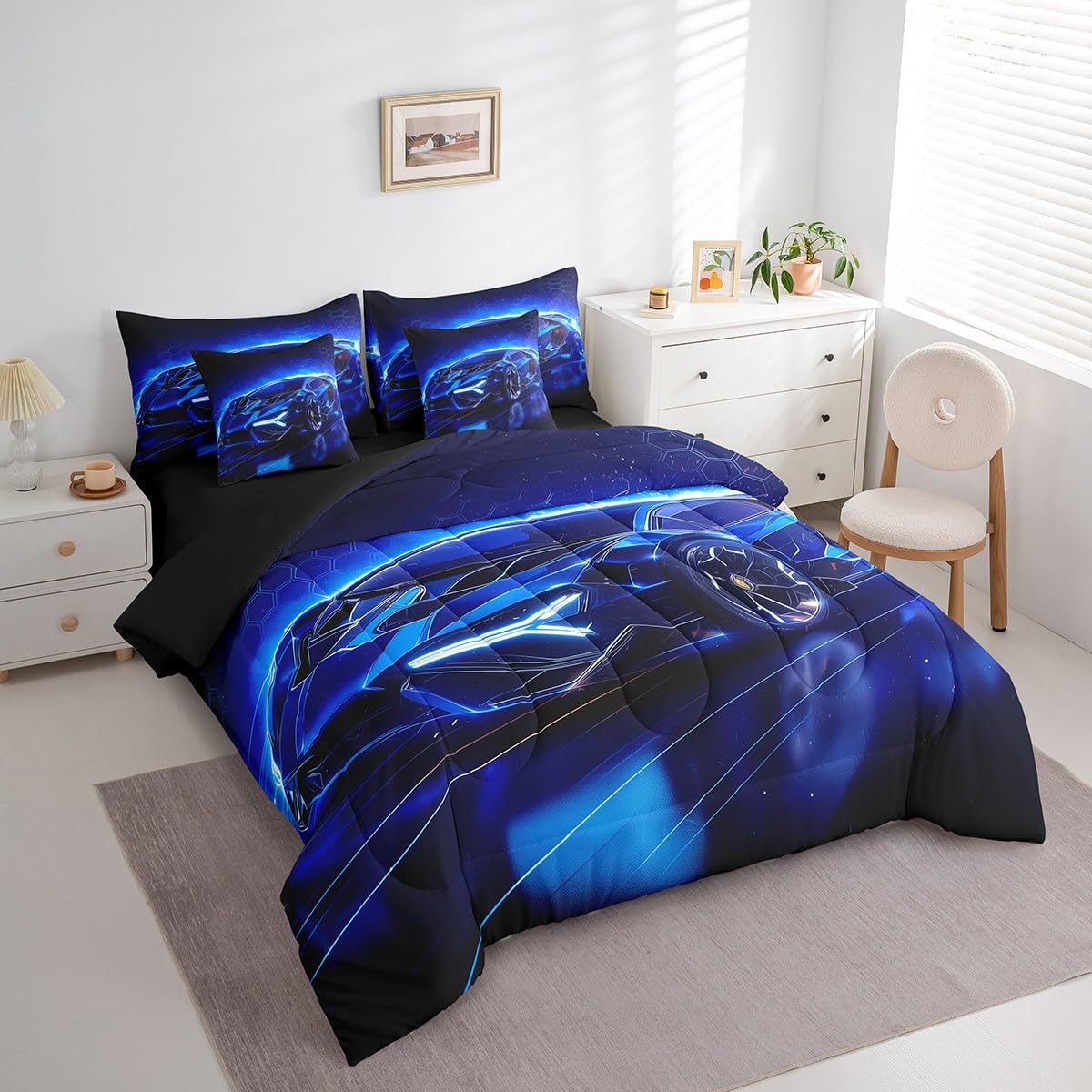 Feelyou Kids Boys Sports Car 7 Piece Bedding Set Full Size Blue Race Car Comforter Set with Sheets for Kids Teens Boys Girls Extreme Sports Theme Bed in a Bag Speed Luxury Car Bed Set