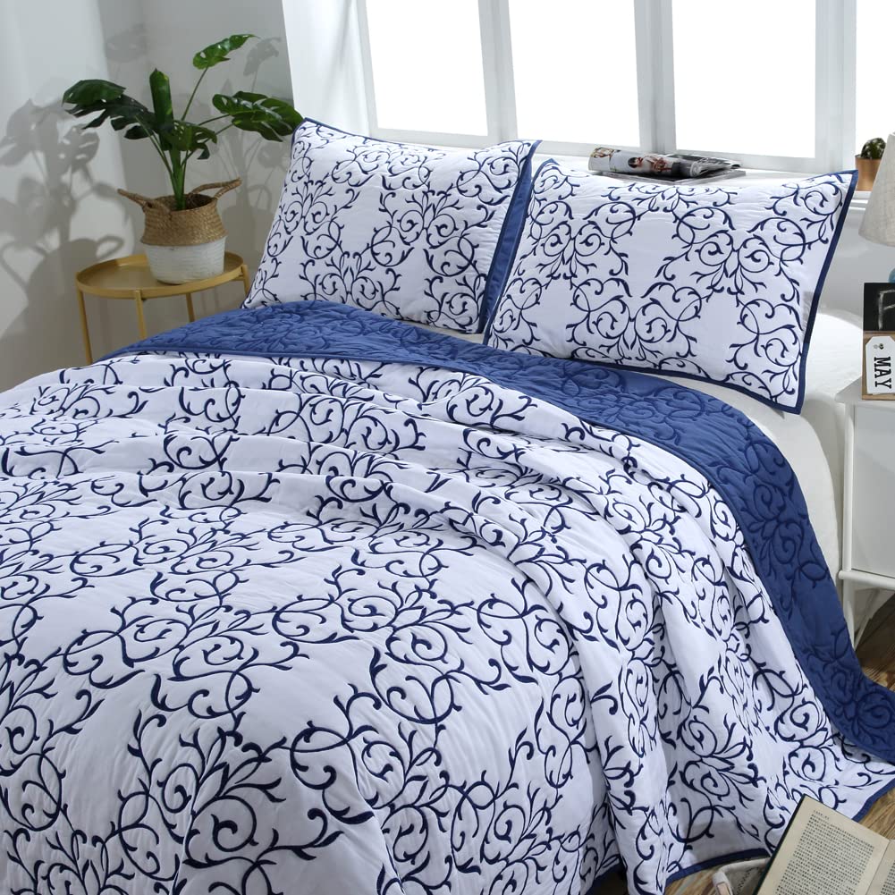 mixinni 2-Piece King Size Soft Microfiber Royal Blue Quilted Embroidery Floral Pattern Pillow Shams-20" x 36"