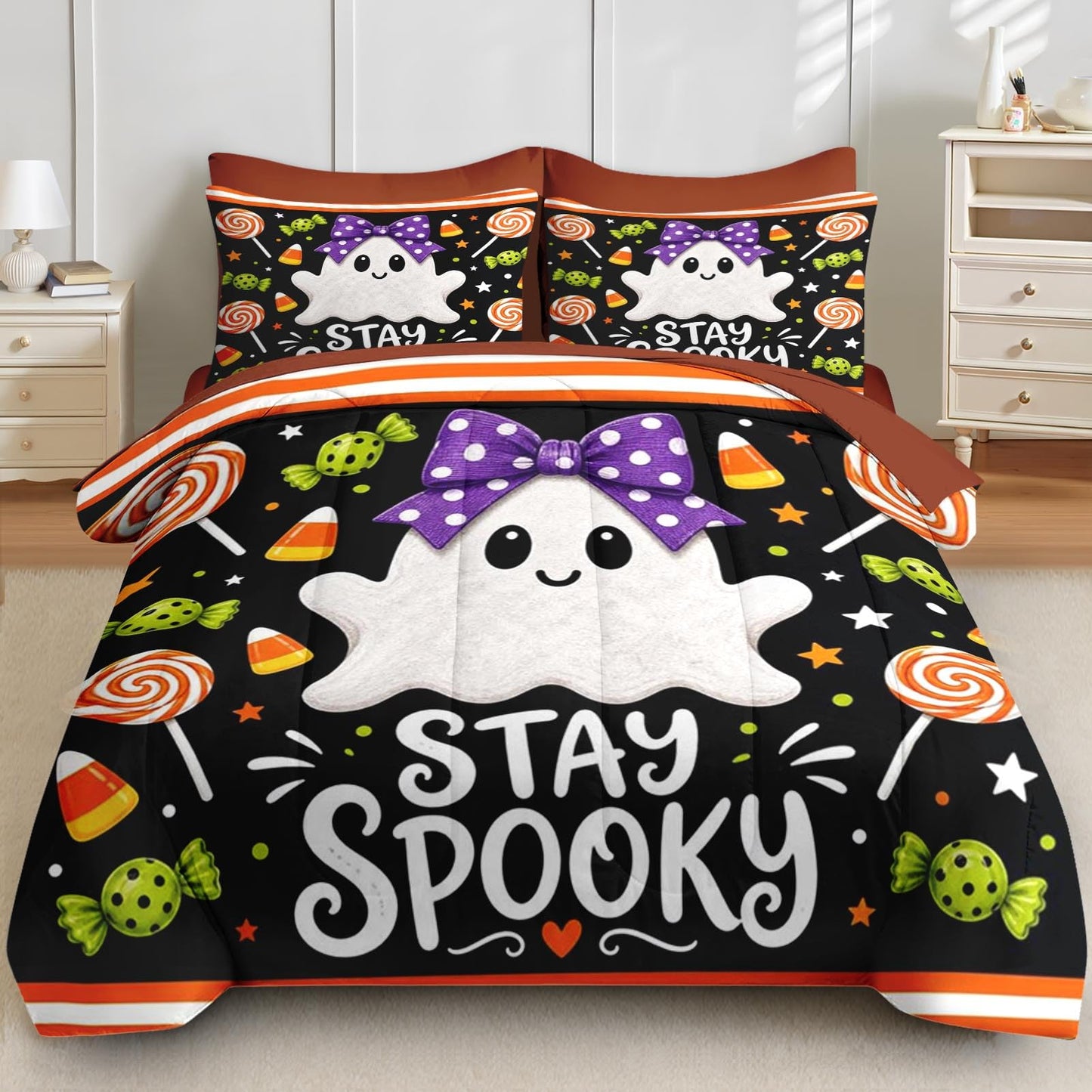 Boewywh Comforter Set Twin Size Halloween Ghost Spooky 7 Pcs, Bedding for Kids and Adults, Bed Sheet Sets with Fitted Sheet 2 Pillowcases & 2 Shams for Bedroom Bed Decor