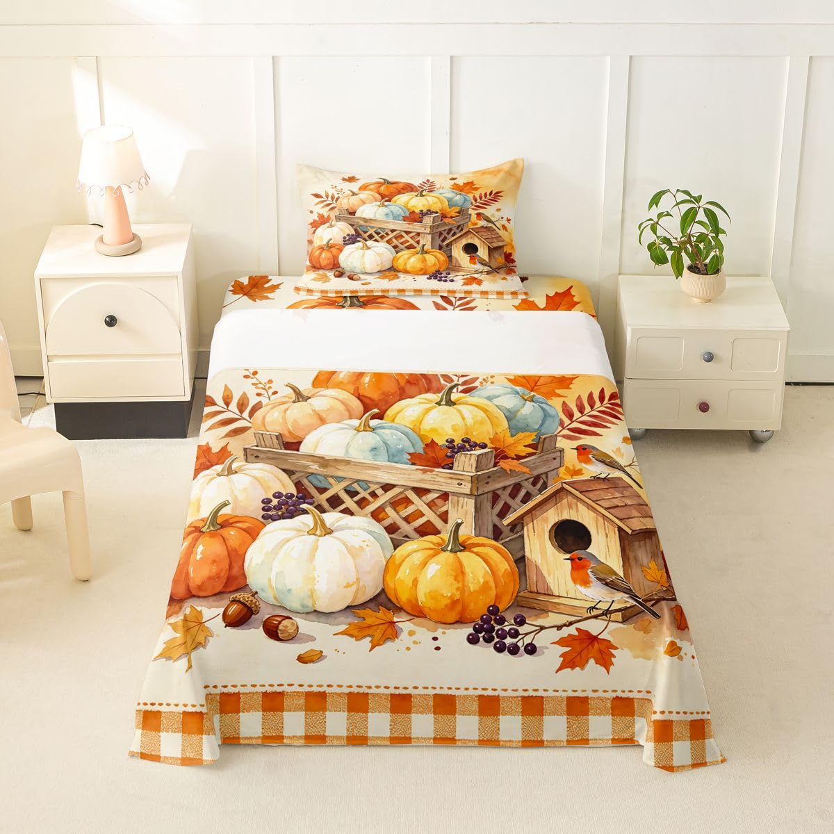 Erosebridal Harvest Pumpkin Bed Sheets Twin Size Orange Gingham Geometric Checkered Sheet Set Teens Adults Autumn Maple Leaf Bedding Set Happy Fall Thanksgiving Sheets