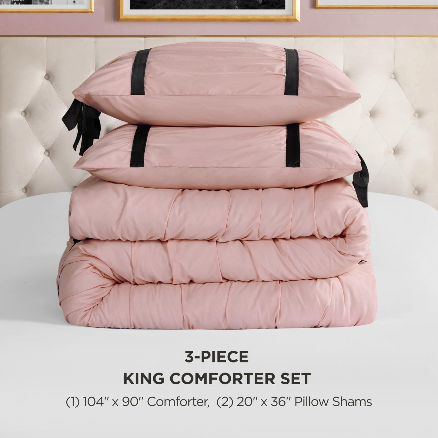 Juicy Couture Light Pink Amelie Velvet Bows Ruched King Comforter Set - 3 Piece Stylish Bedding Ensemble