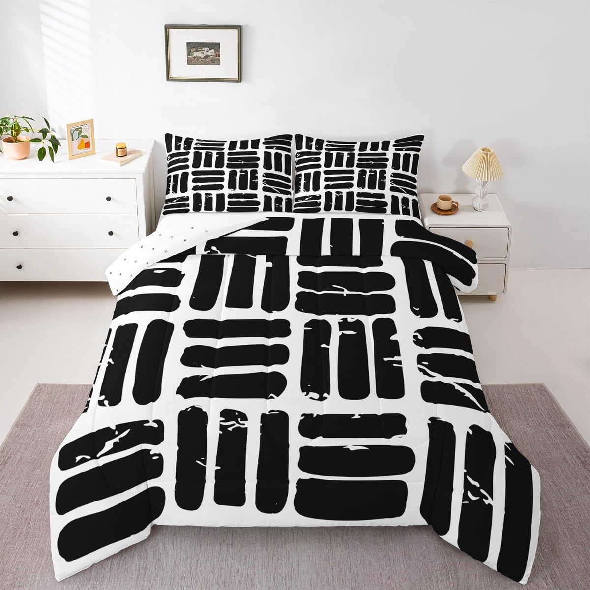 Feelyou Abstract Comforter Set Modern Abstract Art Bedding Set with 2 Pillow Cases White Black Microfiber Kids Full Bedclothes Luxury Bedroom Decor Geometric Duvet Quilt Breathable Soft Lightweight