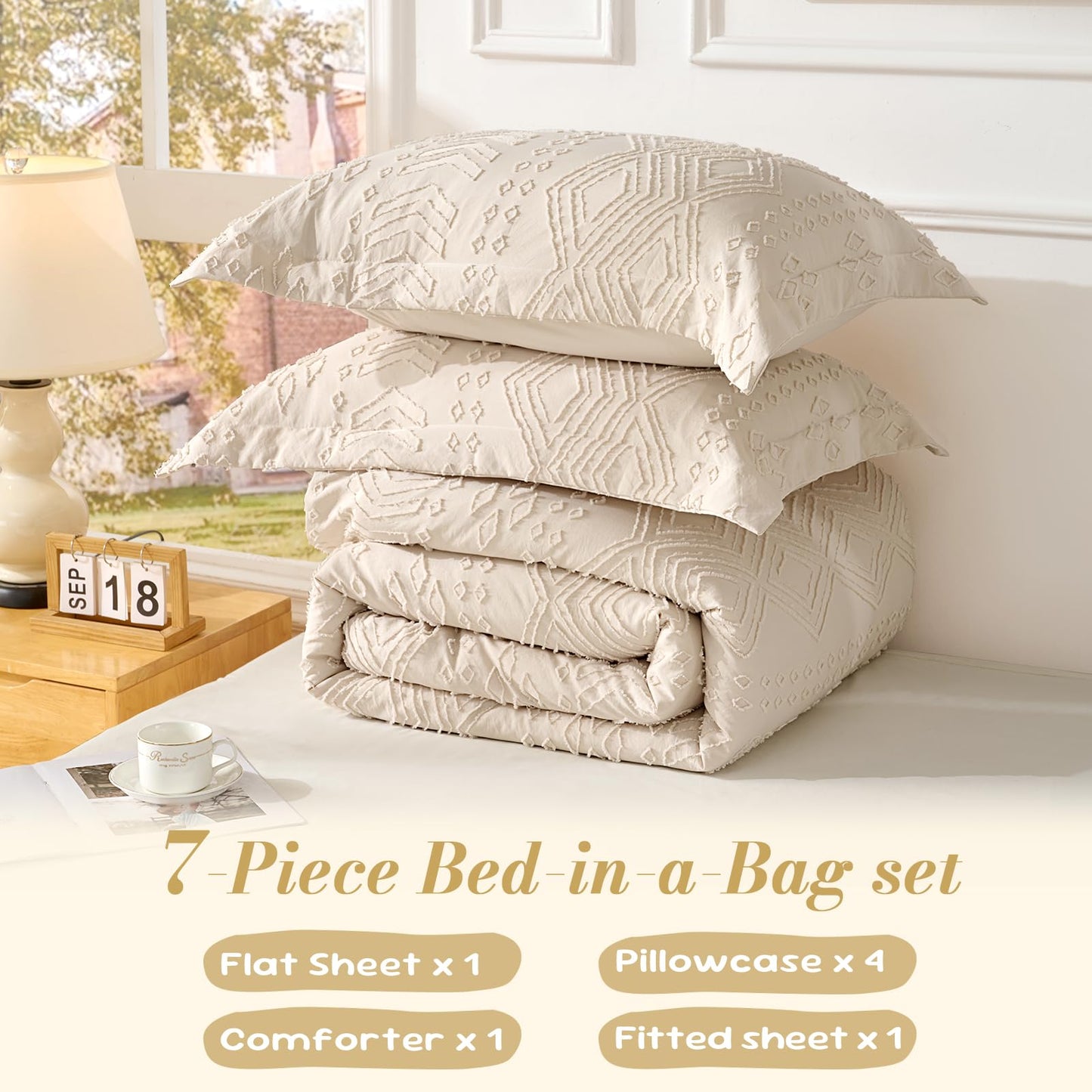 Jameswish Queen Comforter Set - Bed in a Bag Boho Summer Bed Set, 7 Pieces Soft Fluffy Lightweight Queen Comforter for All Seasons,Gifts for Woman, Farmhouse Shabby Chic Embroidered Bedding
