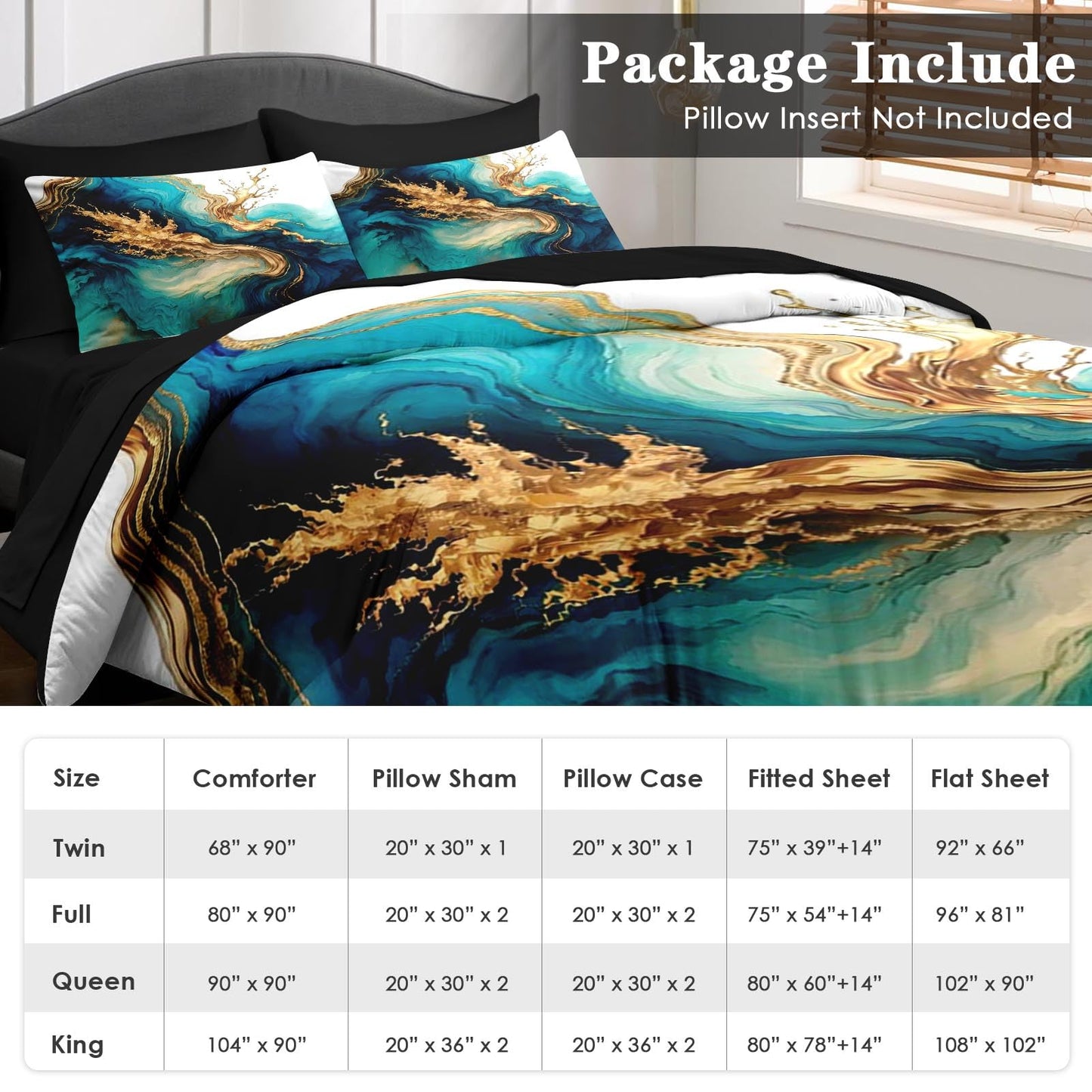 Pamnest Comforter Set Queen Size, Mint Green Marble Gold 7 Pcs Bedding for Kids and Adults, Teal Turquoise Blue Bed Sheet Sets with Fitted Sheet 2 Pillowcase & 2 Sham for Bedroom Bed Decor