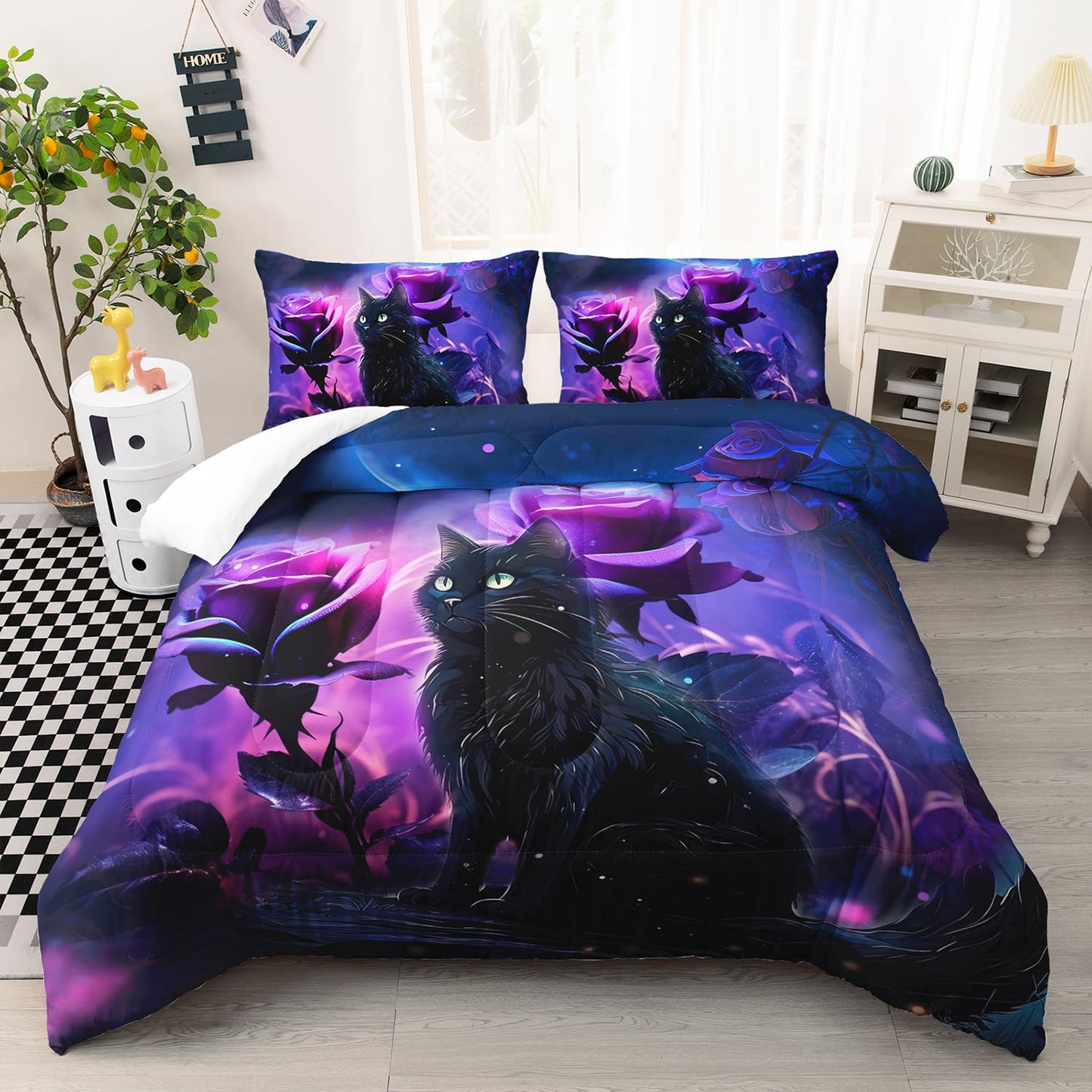 AILONEN Cartoon Black Cat Comforter Set Queen Size, 3D Purple Rose Bedding Set for Girls Women Bedroom Decor,Starry Night Planet Duvet Set,3 PCS, 1 Quilt 2 Pillowcases