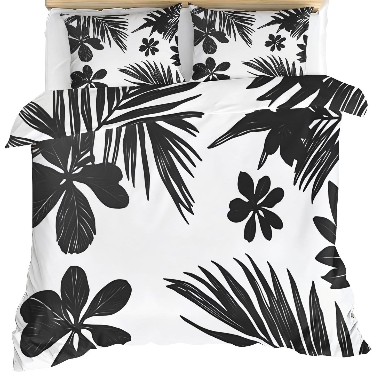 GKPLY Tropical Leaves Bedding Duvet Cover, Black Botanical Comforter Set with Zipper, Black and White Duvet Cover Twin, 3 Pieces with 2 Pillowcases, Reversible Bedding & Bedroom Decor, Easy Care