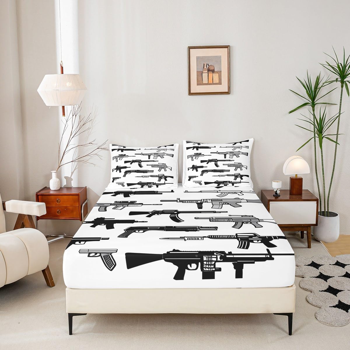 Feelyou Gun Bed Sheets Set Soft Deep Pocket Bedding Queen Size Includes 1 Fitted Sheet & 2 Pillowcases (No Flat Sheet)