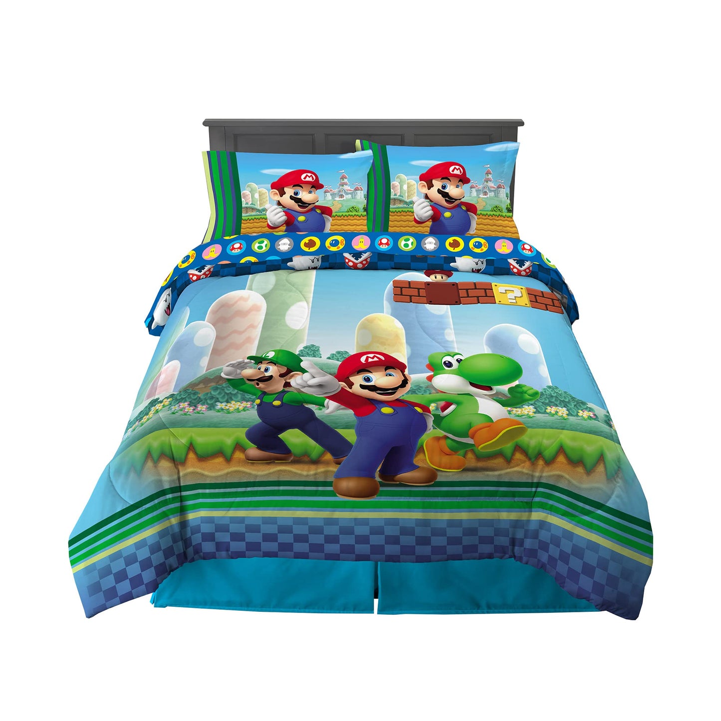 Super Mario Kids Full Size Bedding, 5 Piece Super Soft Cozy Reversible Comforter and Sheet Set, (Officially Licensed Product) By Franco