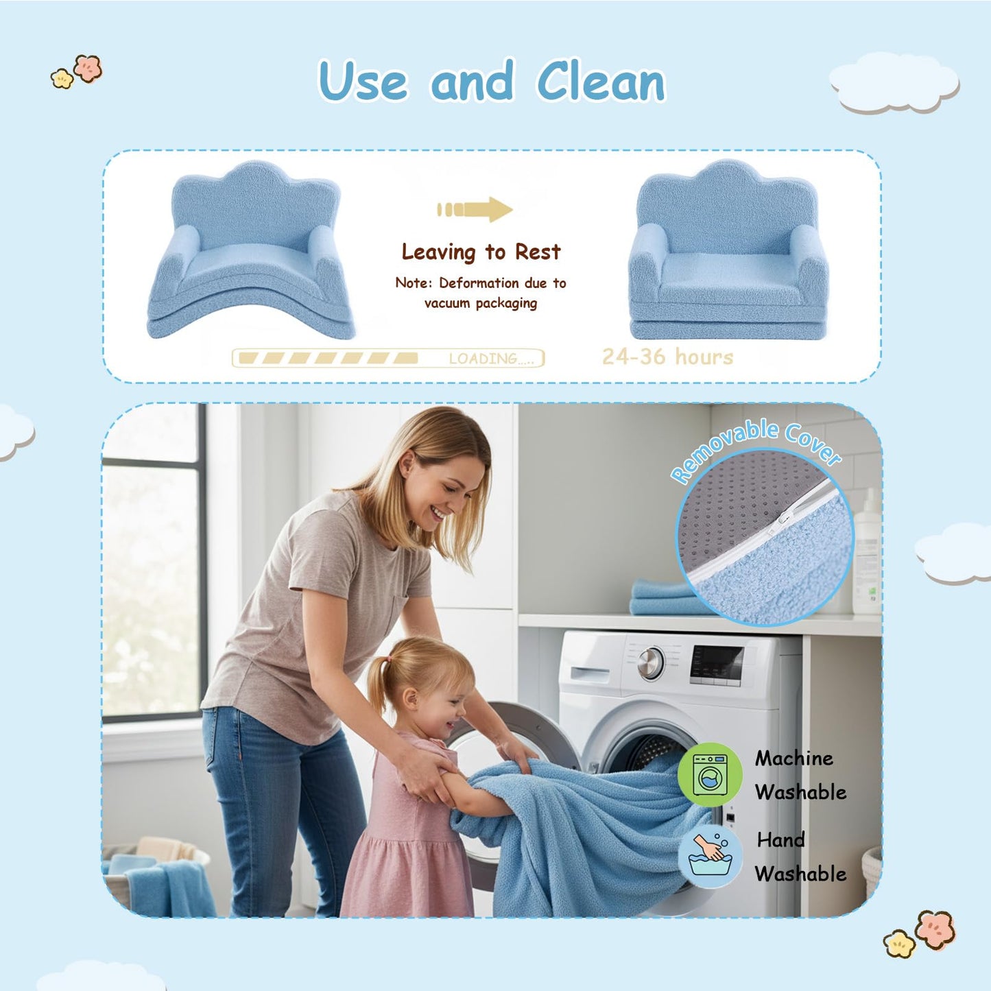 Tiita Kids Sofa, 2-in-1 Soft Toddler Couch Fold Out, Cloud-Like Comfy Couch Toddler Reading Chair with Carrying Handle Washable Cover, Kids Furniture for Boys and Girls