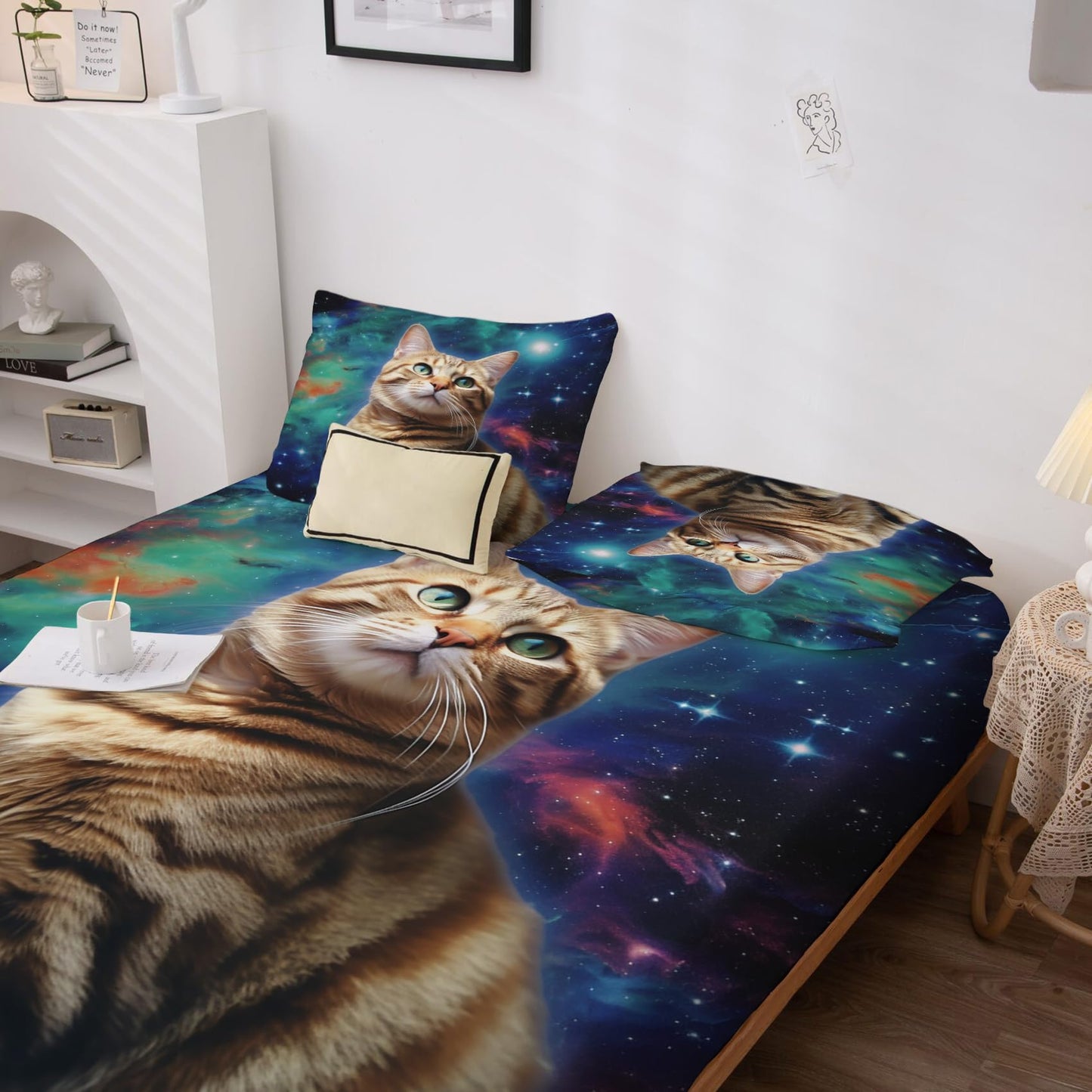 THYUNQ Galaxy Cat Sheets Queen Size Bed, Space Kitten Pattern Sheet Set & Bedroom Decor - 16 Inch Deep Pocket, Super Soft Microfiber Bedding Sheets & Pillowcases 4 Piece