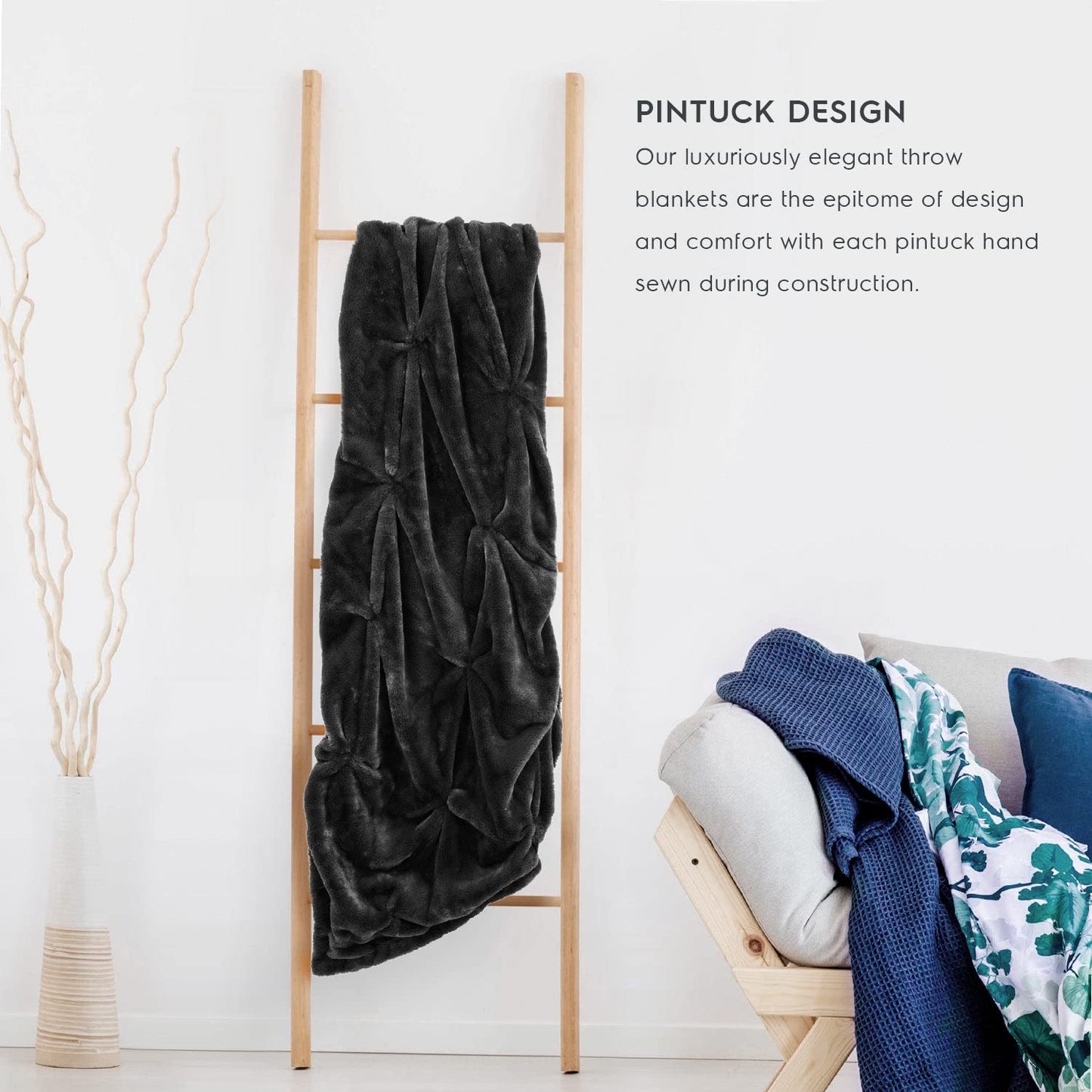 Tafts Pintuck Throw Blankets - Soft, Ultra Comfy and Fuzzy - Plush Fluffy Fleece Blankets and Throws for Couch, Bed & Living Room - Fall, Winter or Spring - Blankets Throw Size - Midnight Black