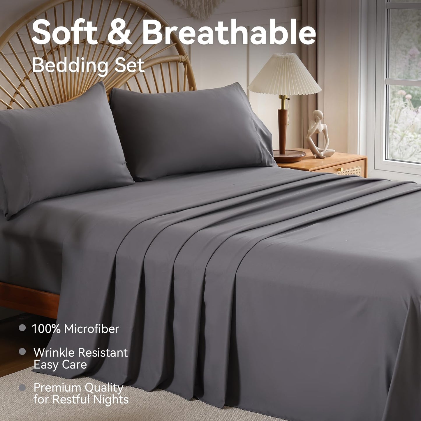 FreshCulture King Size Bed Sheets 4 Piece Sheet Set Include 15" Deep Pocket Fitted Sheet Flat Sheet and 2 Pillowcases Grey Bedding Soft Wrinkle & Fade Resistant Bedsheets for Bedroom