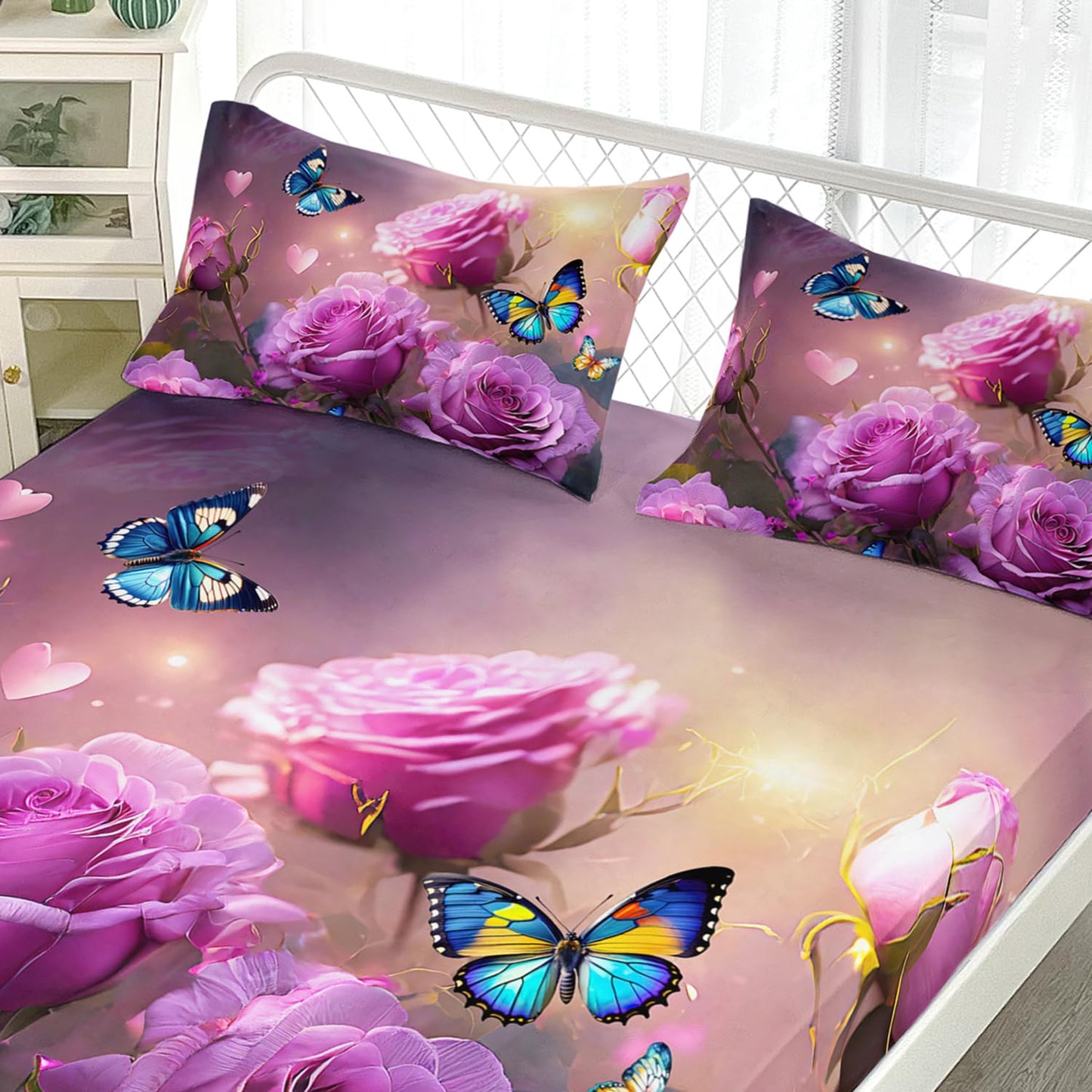 AILONEN 3D Rose Bedding Set Queen Size, Beautiful Rose Floral Print Fitted Sheet Set,Romantic Flowers Bed Sheet for Girls Women Bedroom Decor,Pink Rose Fitted Sheet with 2 Pillow Case,3-Piece