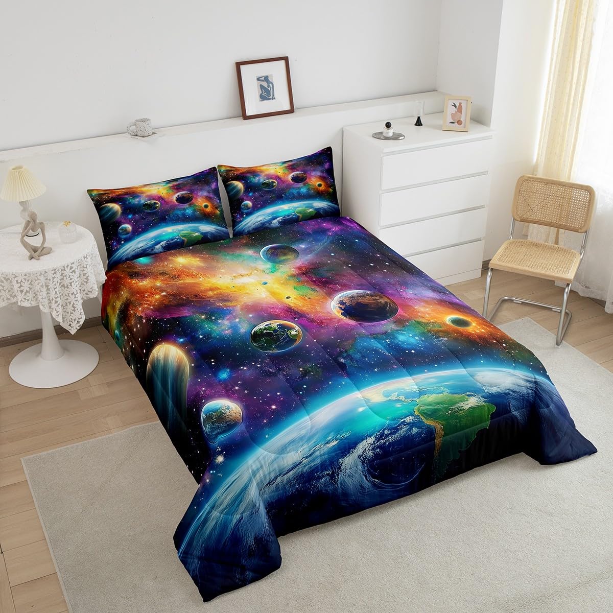 Feelyou Universe Galaxy Comforter Set Twin Size Kids Planets Earth Bedding Set Boy Girl Teen Solar System Comforter Breathable Outer Space Duvet Set Nebula Quilt Set