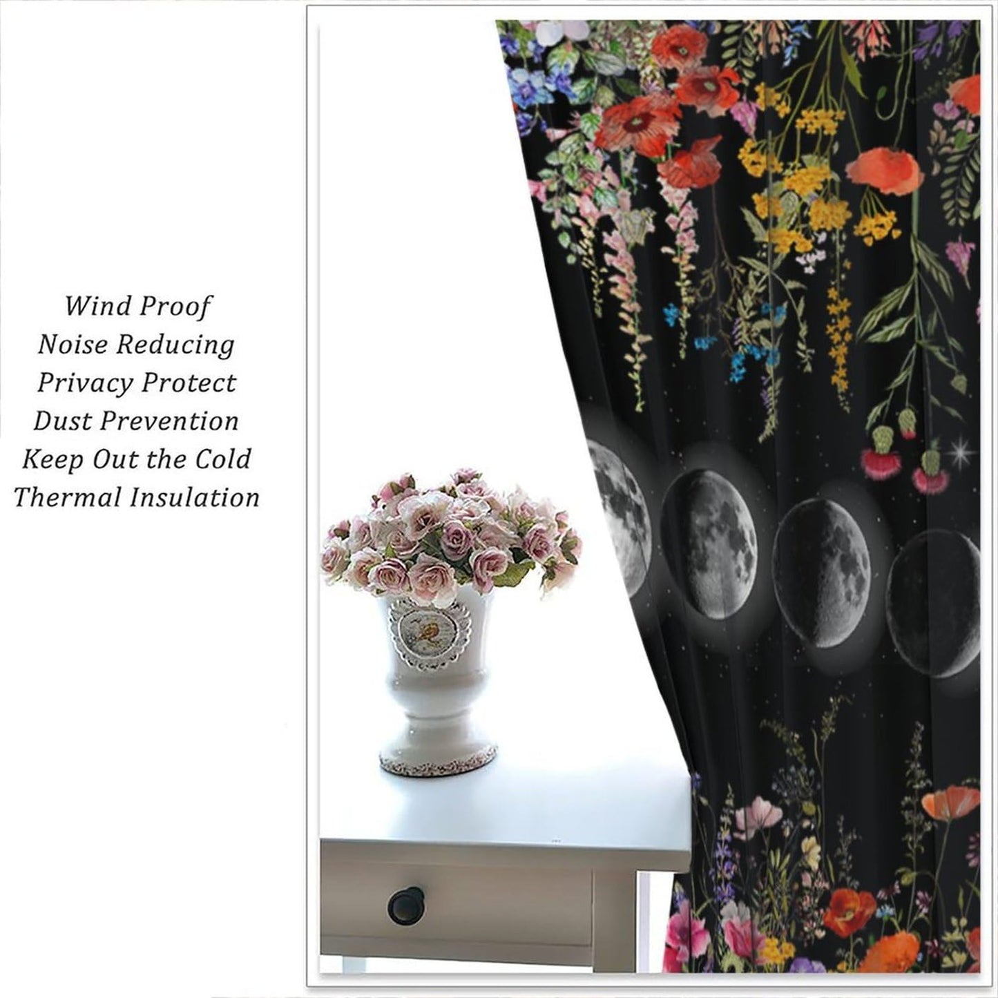 Moonlit Boho Floral Curtains,Garden Moon Phase Plants Flowers Village Art Print Window Drapes for Bedroom Living Room Kitchen Cafe （W20xL45 Inch） x2 Decor
