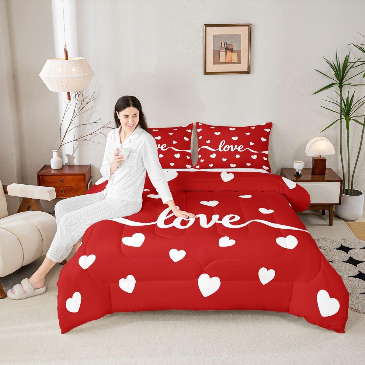 Erosebridal Couples Cute Heart Comforter Set Queen Size Cartoon Love Heart Bedding Set for Men Women Bedroom Romantic Valentine Day Gift Comforter White Red Geometric Quilt Duvet