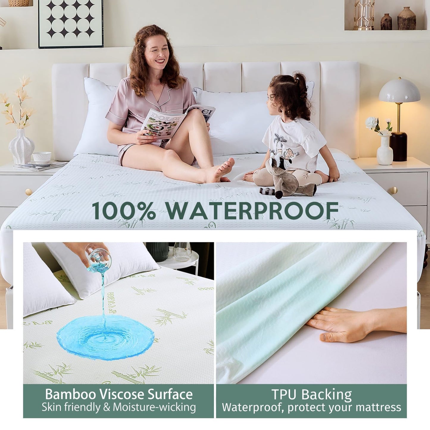 MUXHOMO Premium 100% Waterproof Queen Size Mattress Protector, Breathable Mattress Cover Queen Size Bed, Cooling 3D Air Fabric Bed Pad Cover, Deep Pocket 8"-21"