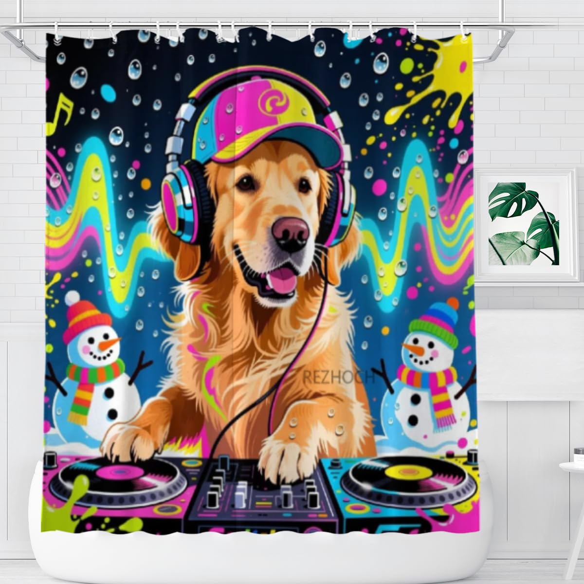 REZHOCH DJ Golden Retriever with Headphones Snowman Winter Shower Curtain Durable Waterproof Fabric Colorful Cartoon Fun Dog Vibrant Holiday Home Bathroom Decor 72x72Inch with Hooks
