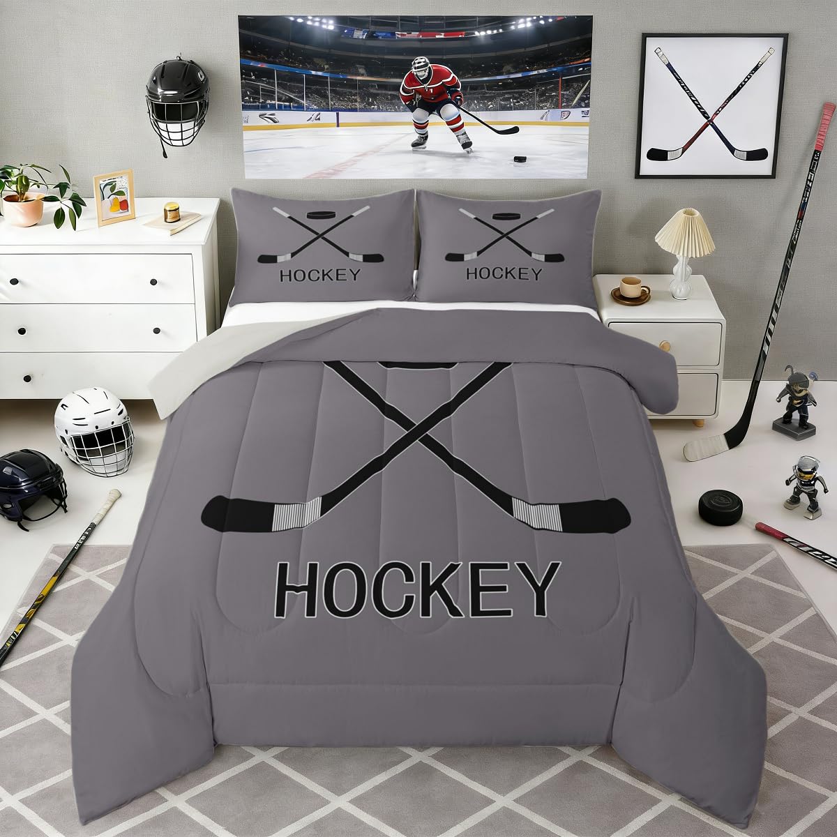 Teens Ice Hockey Comforter Set, Winter Sports Games Down Comforter For Kids Boys Adult Young Men, Equipments Stick And Puck Duvet Sets Hockey Bedding Set With 2 Pillow Cases, Grey Black(Full Size)