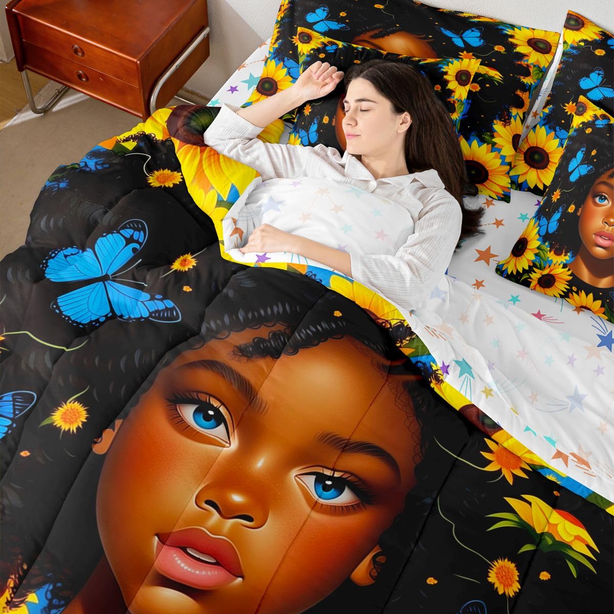 Erosebridal Cute Black Girls Queen Bedding Set Pretty Sunflower Comforter Set with Flat and Fitted Sheet Teen Kids Coquette Blue Butterfly 7-Piece Bed in a Bag Aesthetic Watercolor Floral Quilt Sets